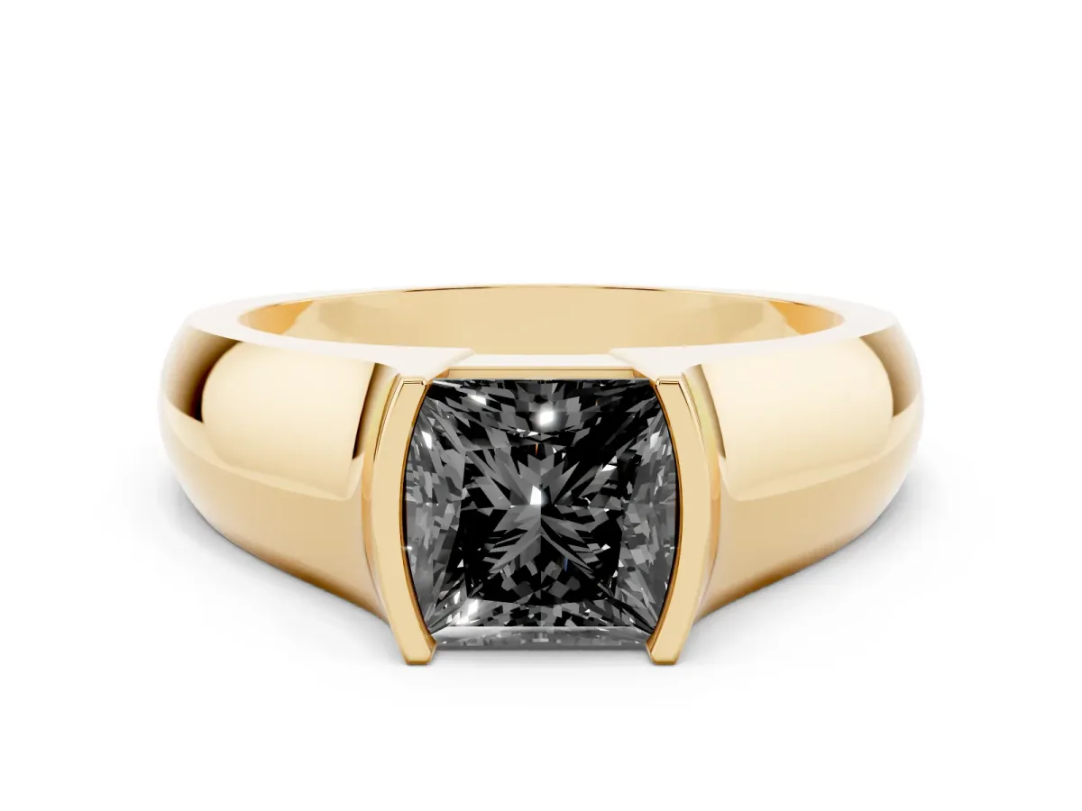 Fancy Black Princess Cut Solitaire Bezel Set Diamond Ring with Wide Band Yellow gold