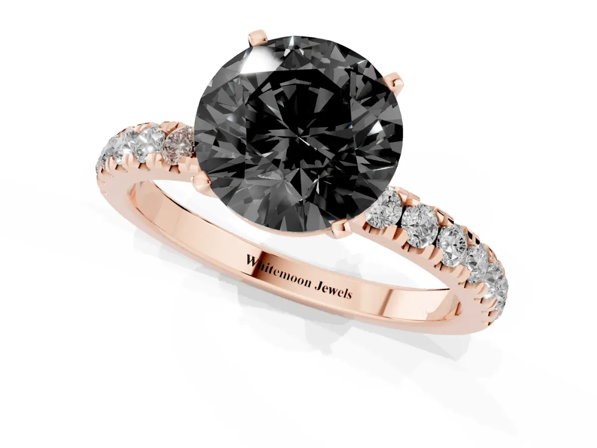 Fancy Black Round Cut Diamond Solitaire Ring with Pavé Accents and Four-Prong Setting Rose gold