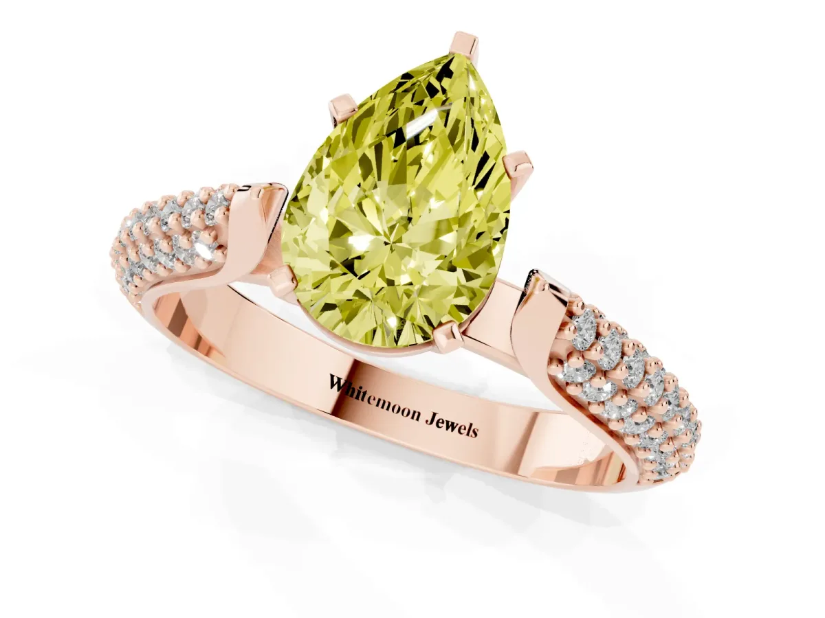 Fancy Yellow Pear Cut Diamond Solitaire Engagement Ring with Multi-Row Round Pavé Band and Prong Setting Rose gold