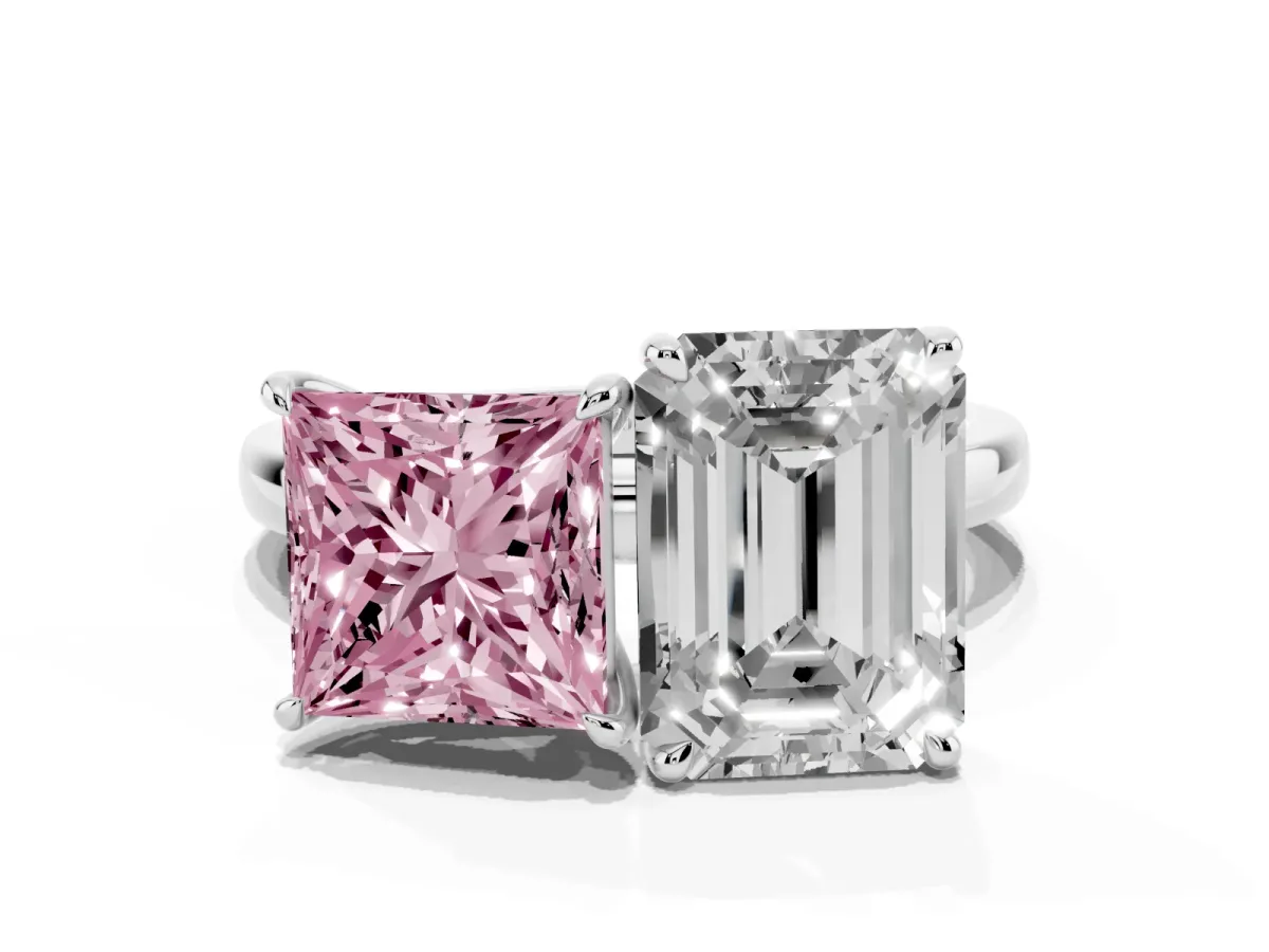Fancy Pink Princess Cut and Emerald Cut Toi Moi Ring with Prong Setting Silver