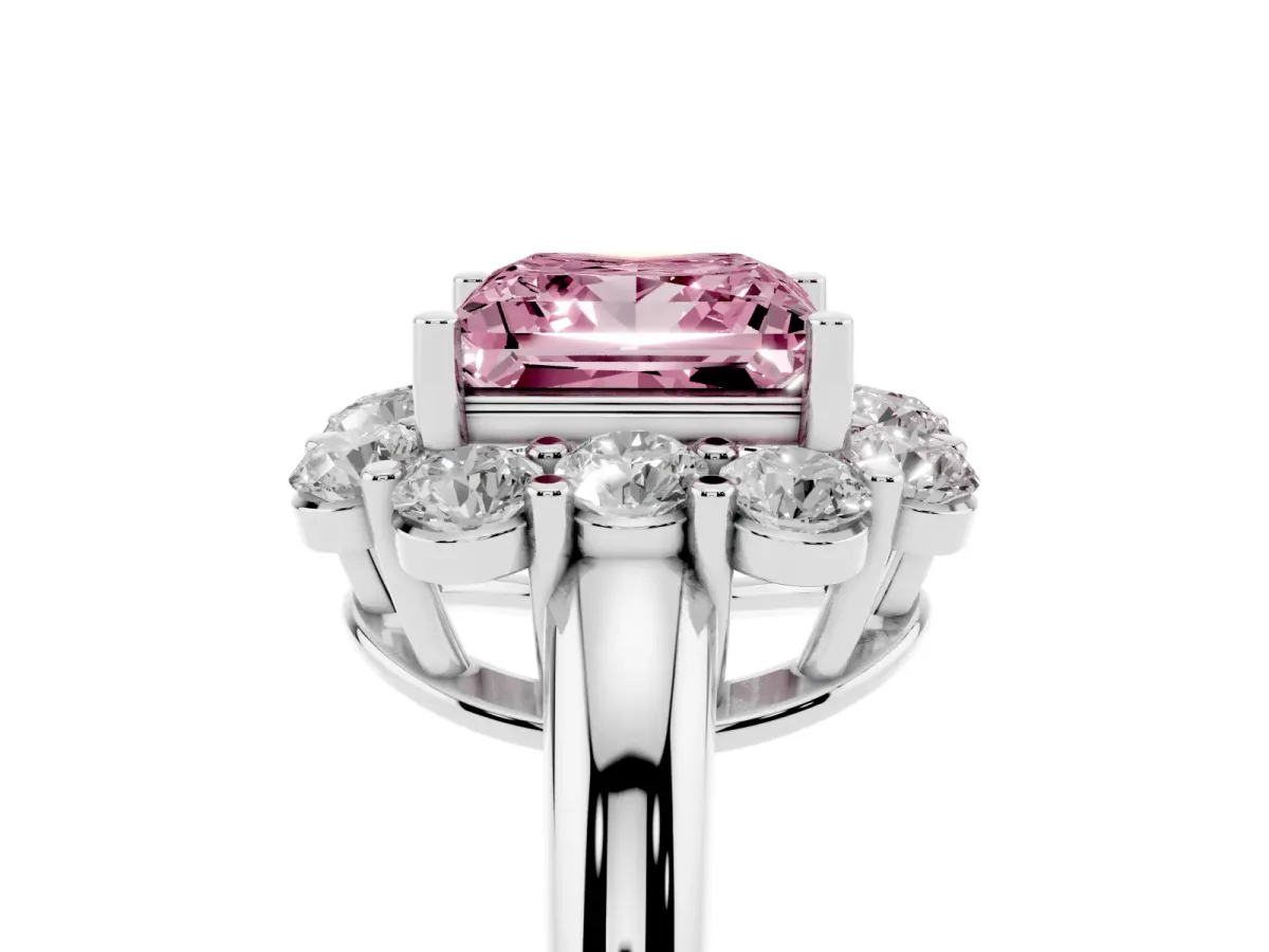 Fancy Pink Princess Cut Halo Milgrain Solitaire with Bezel Set Side Stones and Pave Band Platinum