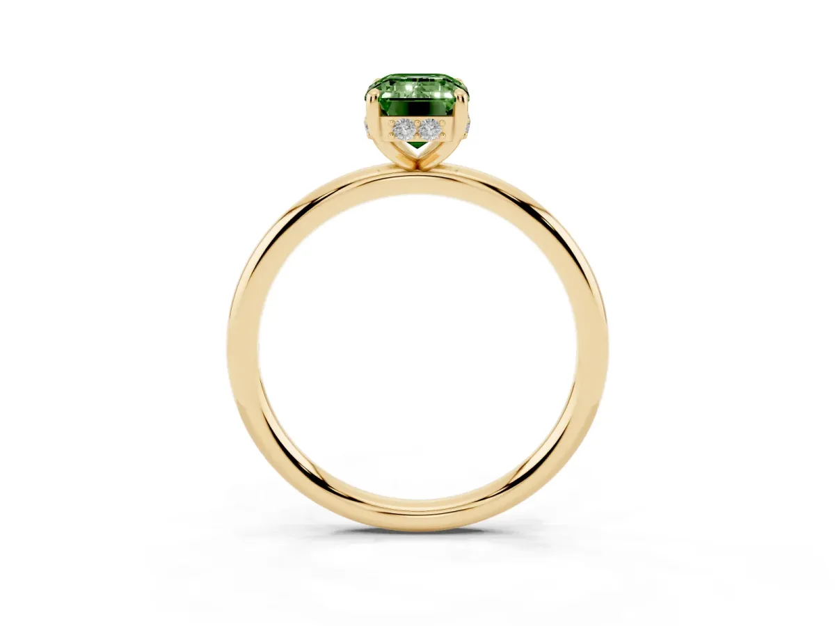 Fancy Green Emerald Cut Solitaire Diamond Ring with a Classic Band and Four-Prong Setting Yellow gold