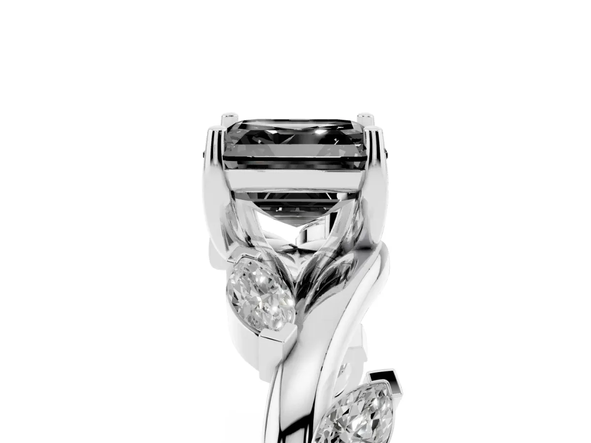Fancy Black Asscher Cut Solitaire Twisted Band Marquise Accent Prong Setting Ring Platinum