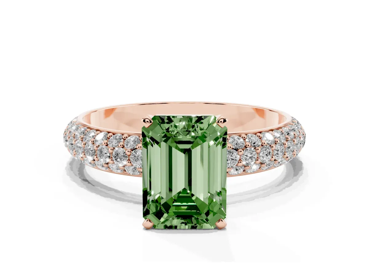Fancy Green Emerald Cut Diamond Solitaire Ring with Prong Setting and Pavé Band Rose gold