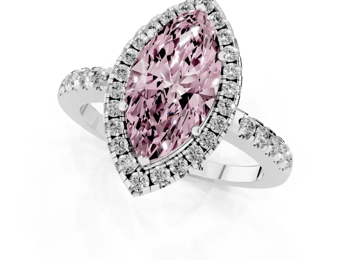 Fancy Pink Marquise Cut Halo Diamond Engagement Ring with Pavé Band and Four-Prong Setting Silver