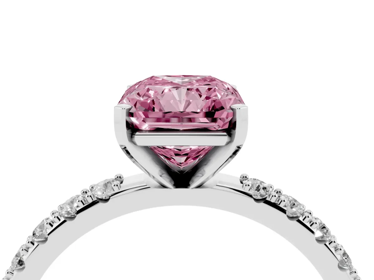 Fancy Pink Radiant Cut Diamond Solitaire Pavé Band with Four-Prong Setting Silver