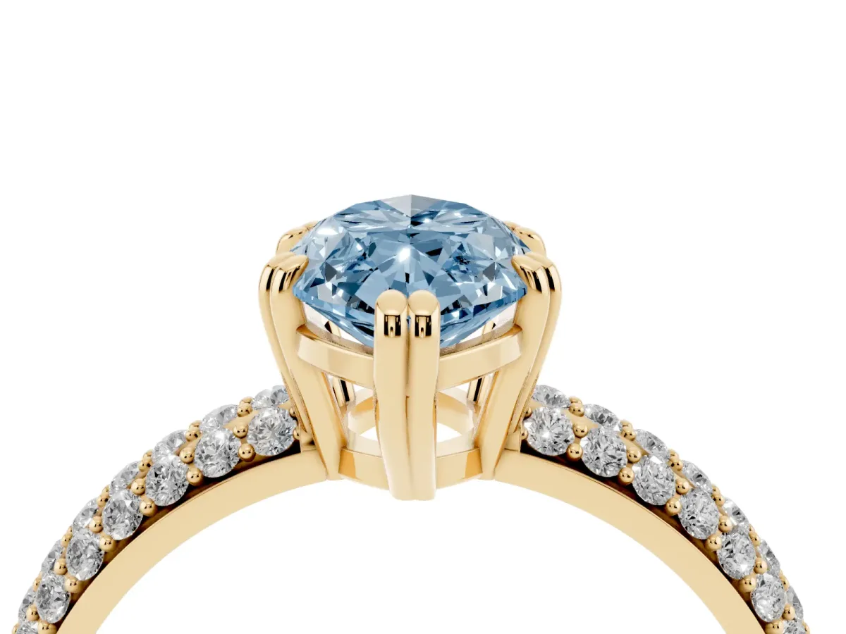 Fancy Blue Marquise Cut Diamond Solitaire Ring with Multi-Row Round Pavé Band and Prong Setting Yellow gold