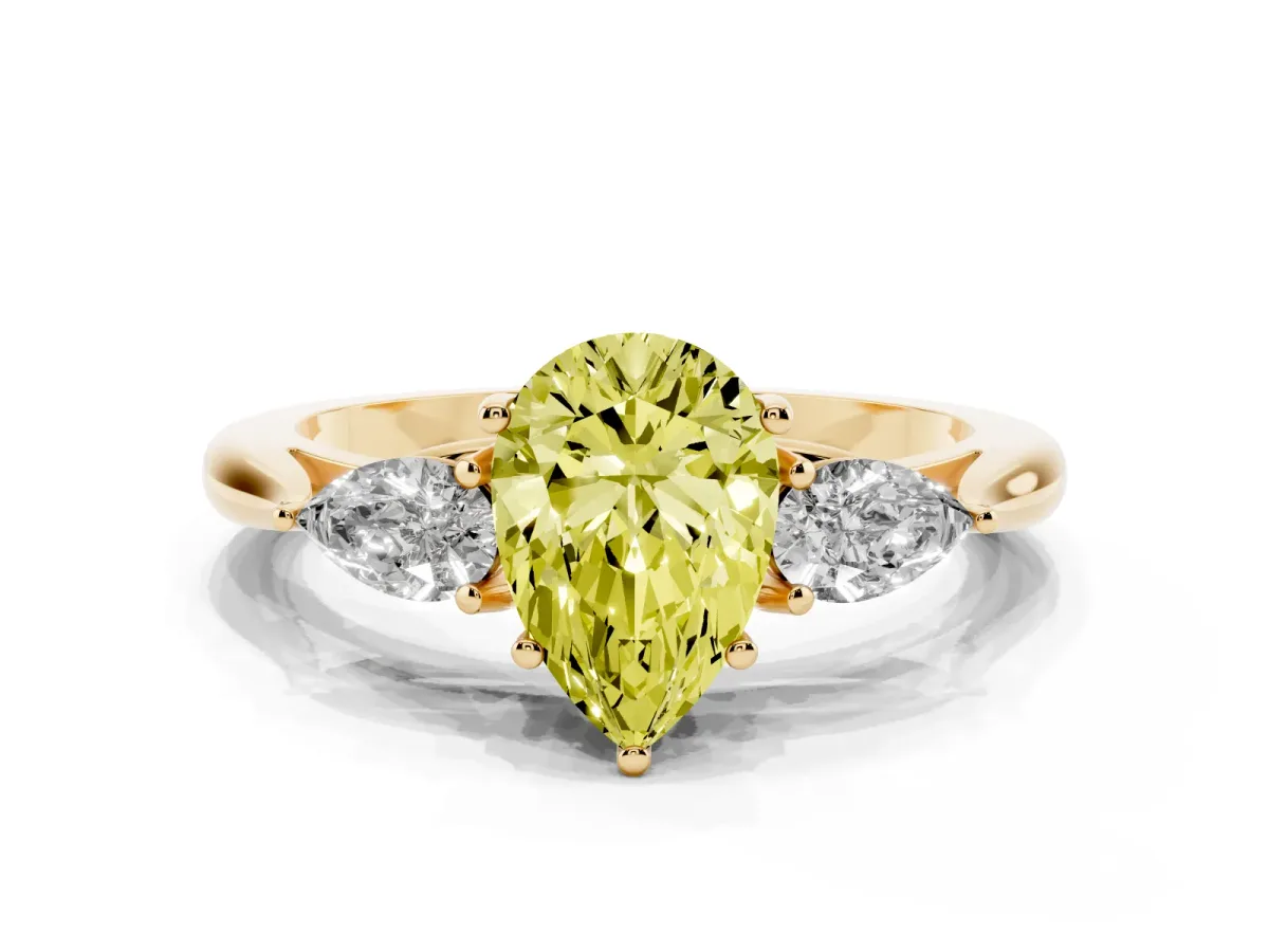 Fancy Yellow Pear Cut Diamond Three-Stone Ring with Pear Side Stones and Prong Setting Yellow gold