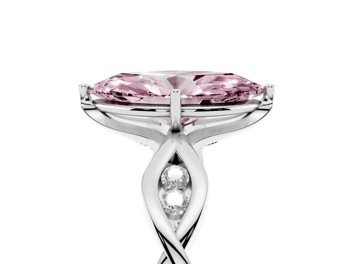 Fancy Pink Marquise Cut Solitaire Twist Band with Leaf Prong Setting Silver