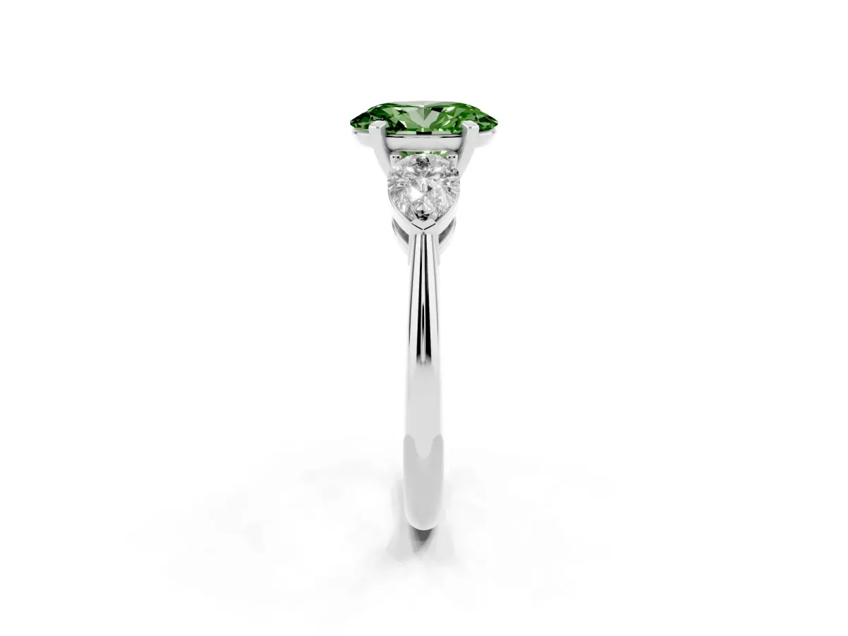 Fancy Green Three-Stone Oval Cut Diamond Ring with Pear Side Stones and Four-Prong Setting Silver