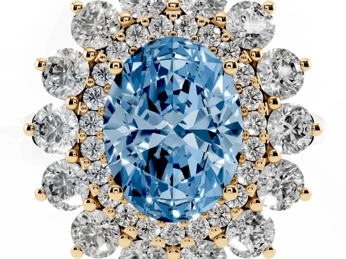 Fancy Blue Oval Cut Diamond Floral Double Halo Engagement Ring with Prong Setting Yellow gold