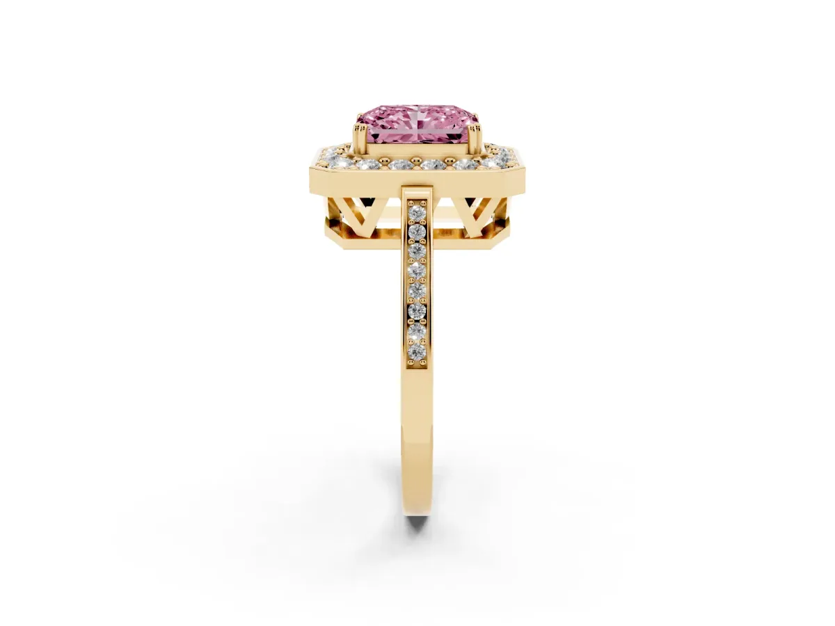Fancy Pink Radiant Cut Diamond Halo Ring with Split Shank and Four-Prong Setting Yellow gold