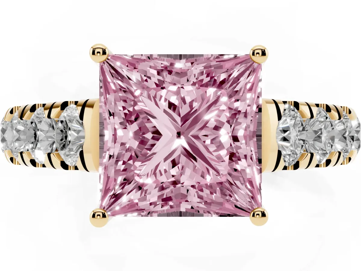 Fancy Pink Princess Cut Cut Diamond Solitaire Ring with Micro Pave Band and Prong Setting Yellow gold