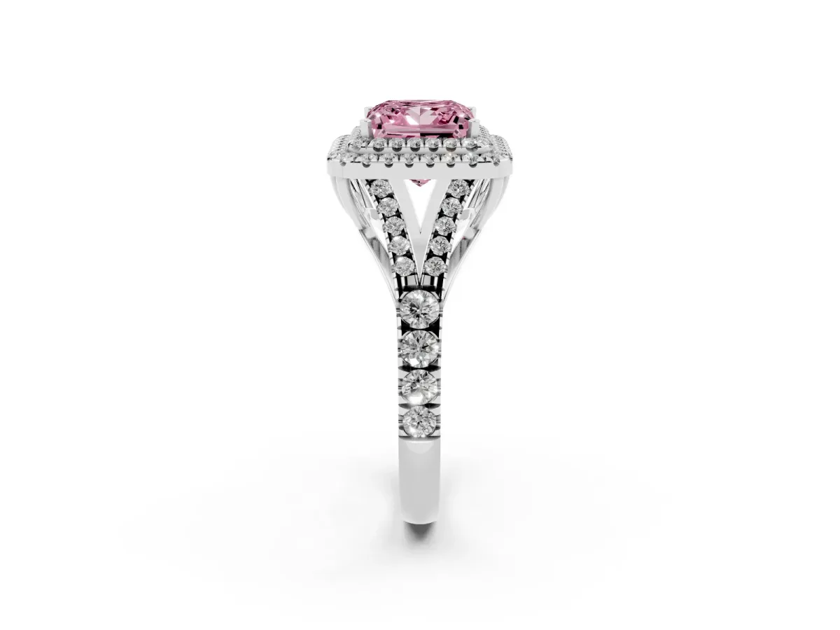Fancy Pink Princess Cut Cut Double Halo Split Shank Diamond Ring with Prong Setting White gold