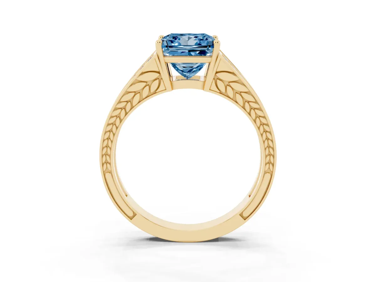 Fancy Blue Princess Cut Diamond Split Shank Ring with Pavé Band and Four-Prong Setting Yellow gold