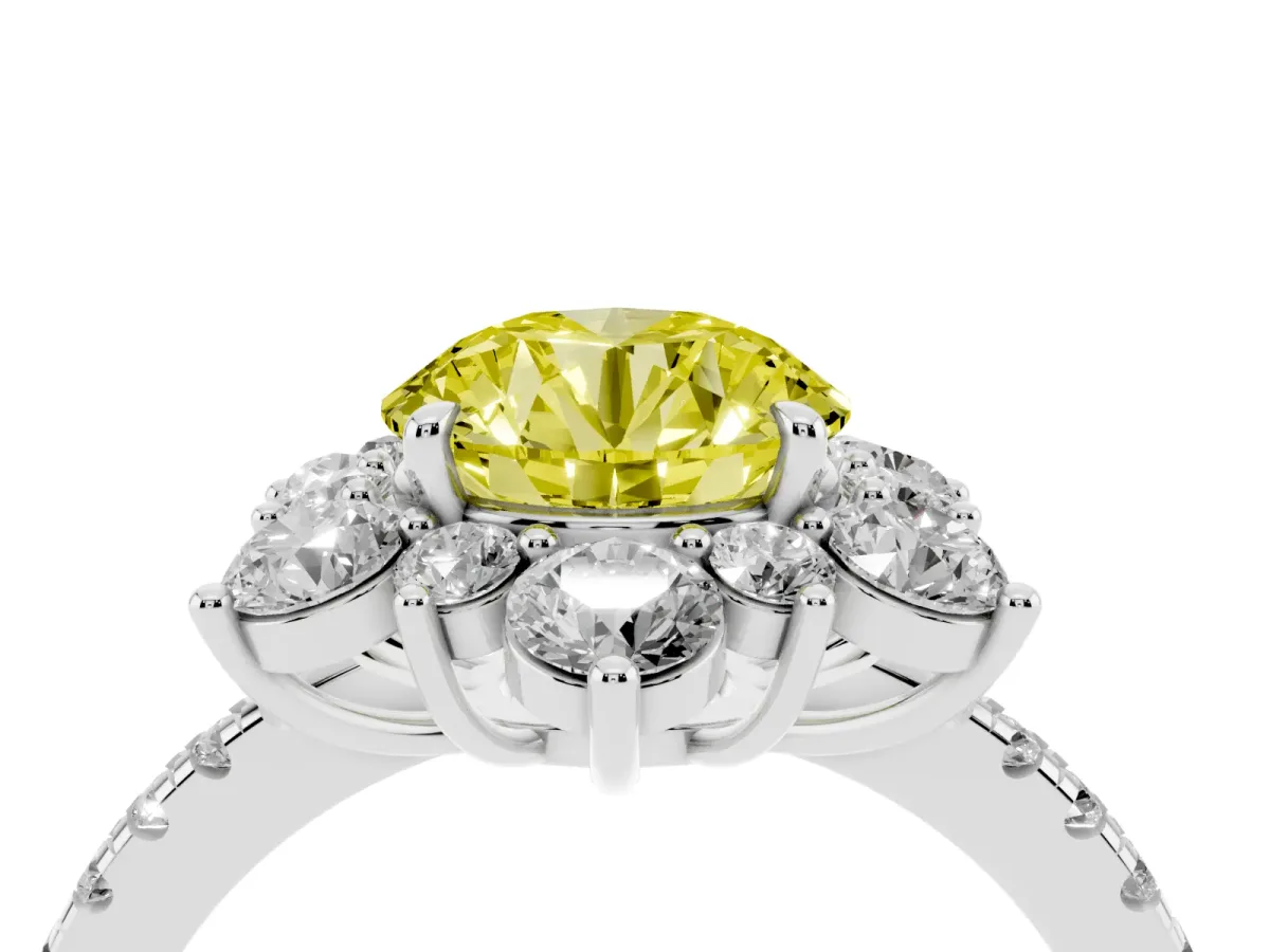 Fancy Yellow Round Cut Diamond Floral Halo Ring with Round Pavé Band and Prong Setting Silver