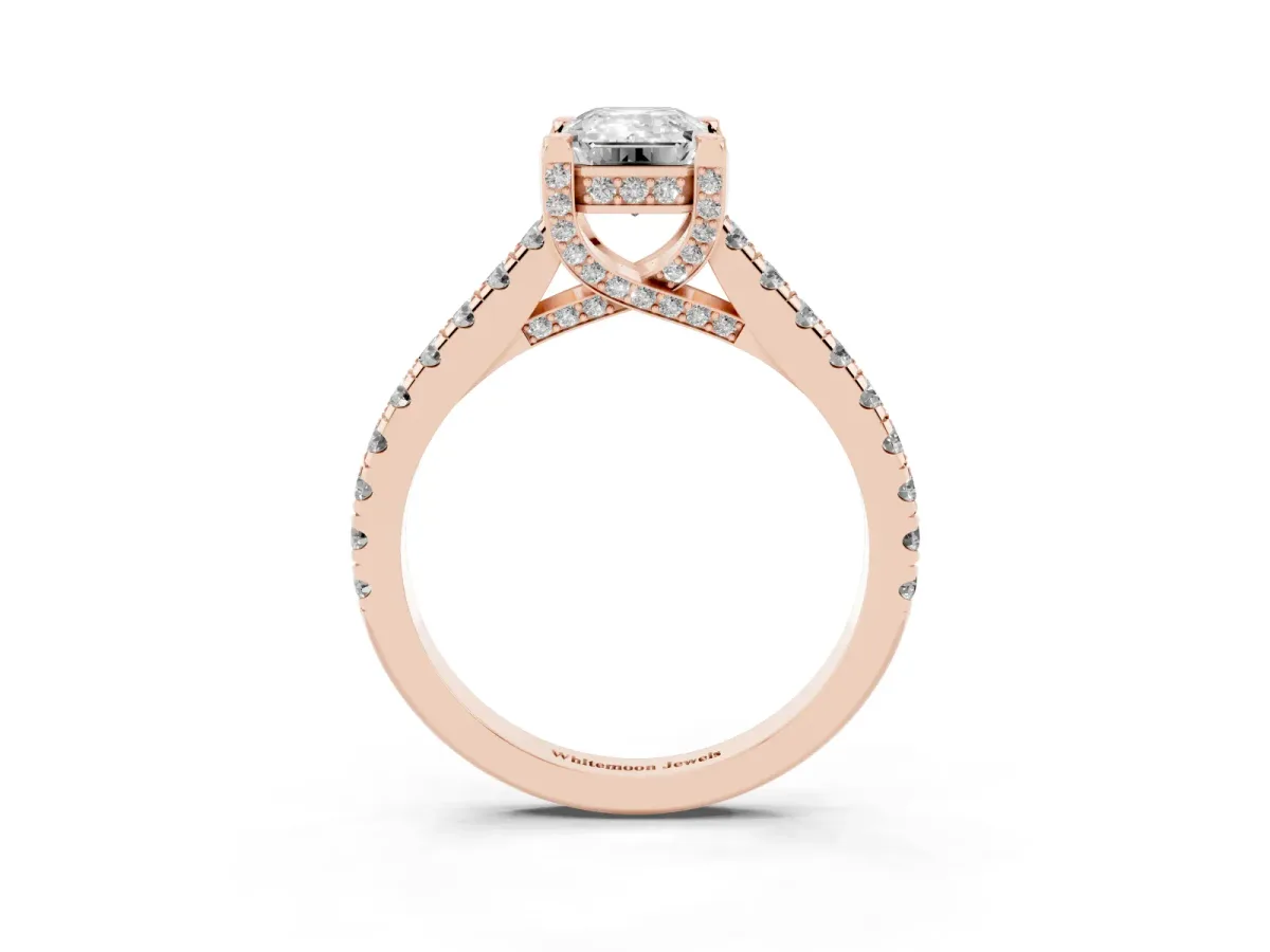 Emerald Cut Brilliant Diamond Solitaire with Pavé Band and Four-Prong Setting Rose gold