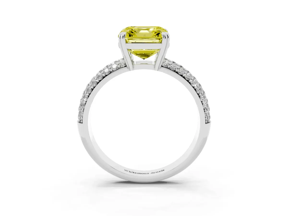 Fancy Yellow Asscher Cut Diamond Solitaire Ring with Multi-Row Round Pavé Band and Prong Setting Silver