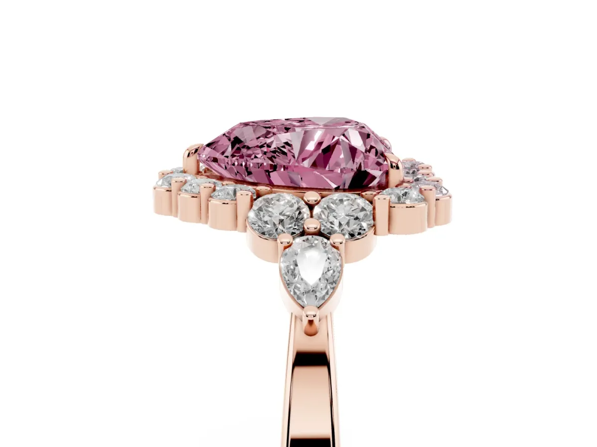 Fancy Pink Heart Cut Diamond Halo Ring with Pear Side Stones and Prong Setting Rose gold