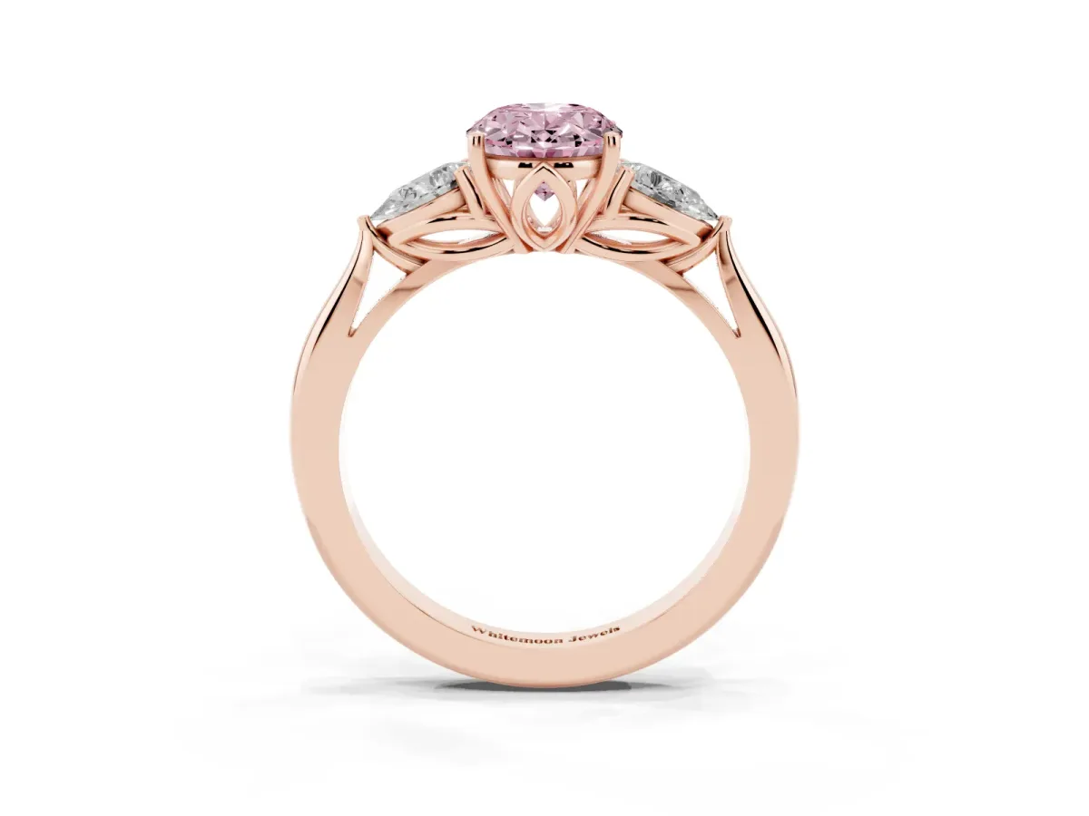 Fancy Pink Three-Stone Oval Cut Brilliant Diamond Solitaire Ring with Tapered Band and Four-Prong Setting Rose gold