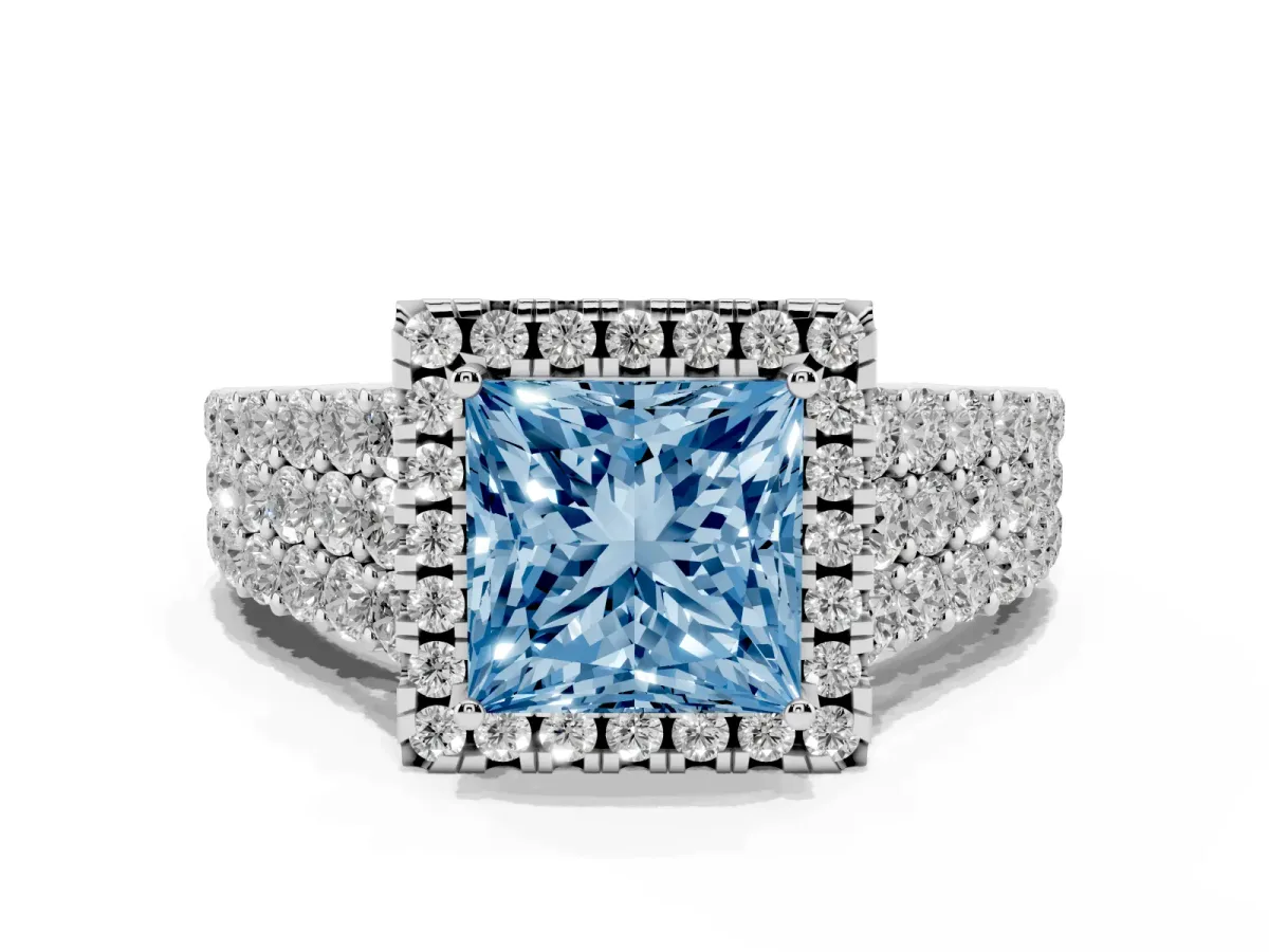 Fancy Blue Princess Cut Diamond Halo Engagement Ring with Triple Row Round Pavé Band and Prong Setting Silver