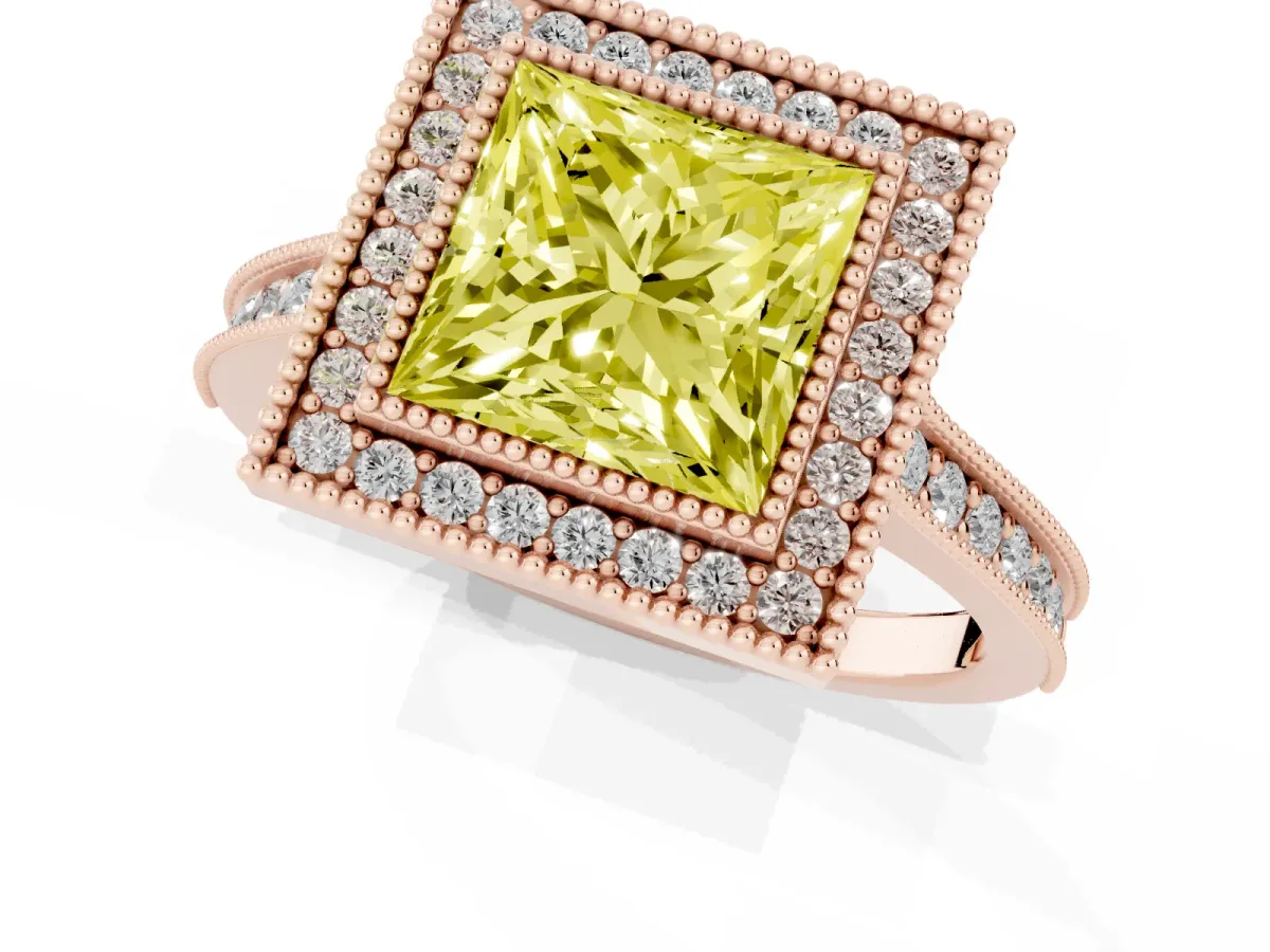 Fancy Yellow Halo Princess Cut-Cut Diamond Pave Band Milgrain Prong Setting Ring Rose gold