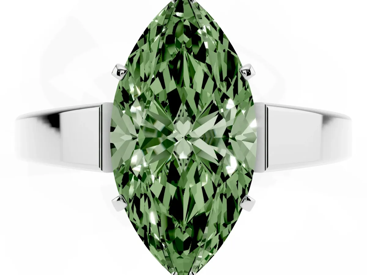 Fancy Green Marquise Cut Solitaire Engagement Ring with Four-Prong Setting and Tapered Band Silver