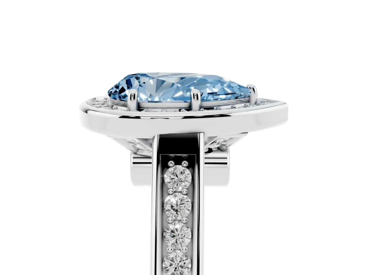 Fancy Blue Pear Cut Halo Solitaire Diamond Ring with Pave Band and Bezel Setting Silver