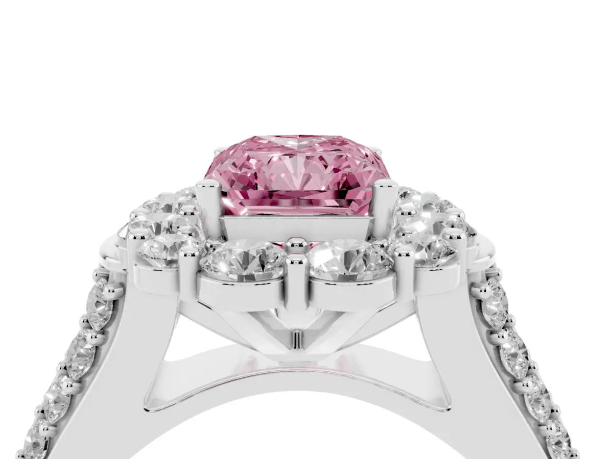 Fancy Pink Radiant Cut Halo Diamond Engagement Ring with Split Shank and Prong Setting Silver