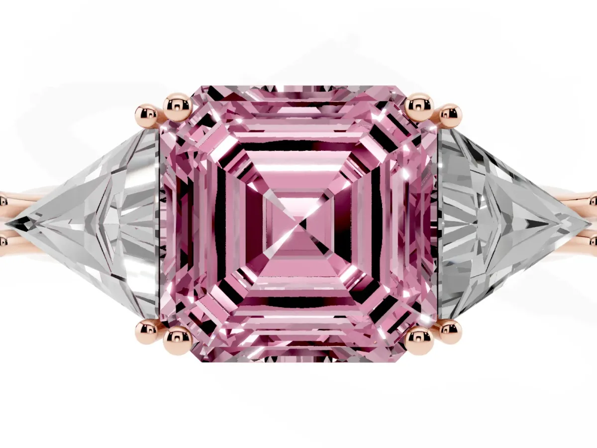 Fancy Pink Three-Stone Asscher Cut Diamond Engagement Ring with Trillion Side Stones and Prong Setting Rose gold