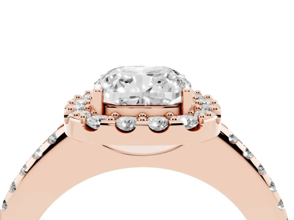 Cushion Cut Diamond Pavé Halo Ring with Four-Prong Setting Rose gold