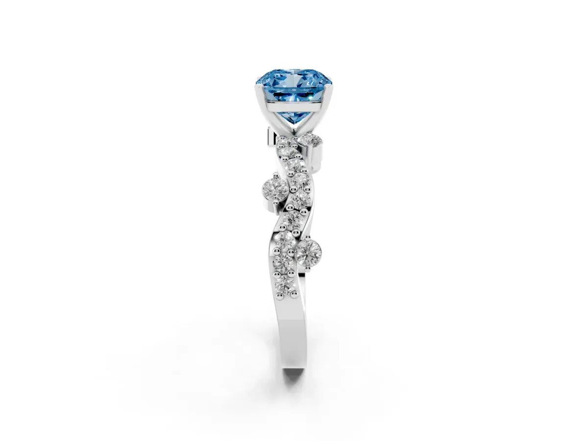Fancy Blue Cushion Cut Cut Solitaire Diamond Twisted Band with Pave Setting White gold