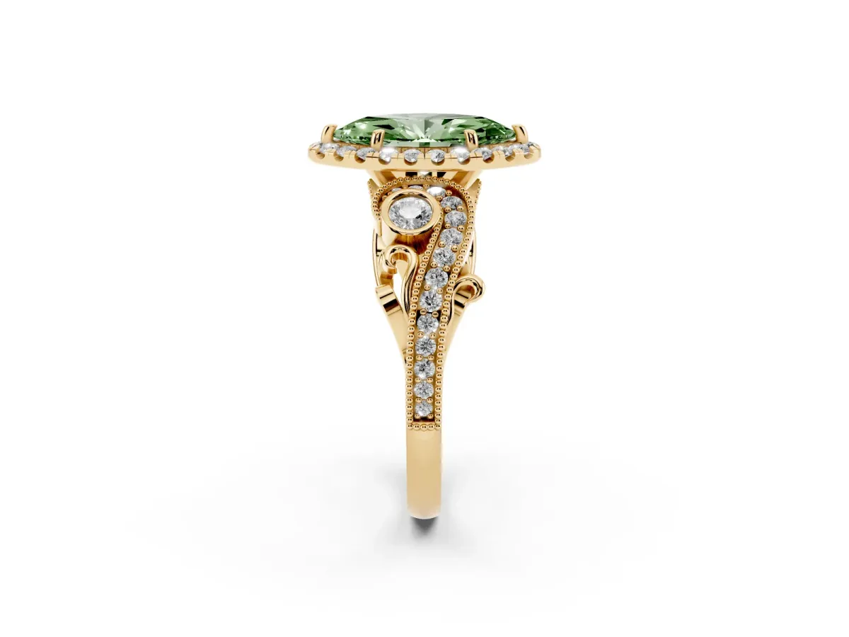 Fancy Green Marquise Cut Diamond Halo Ring with Milgrain Pavé Band and Four-Prong Setting Yellow gold