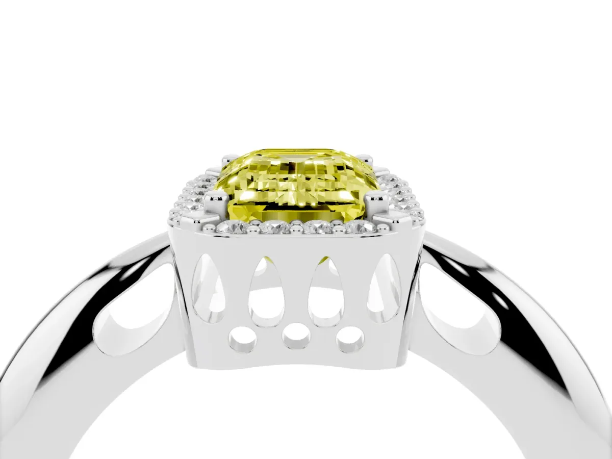 Fancy Yellow Emerald Cut Cut Diamond Halo Engagement Ring with Split Shank and Four-Prong Setting Platinum