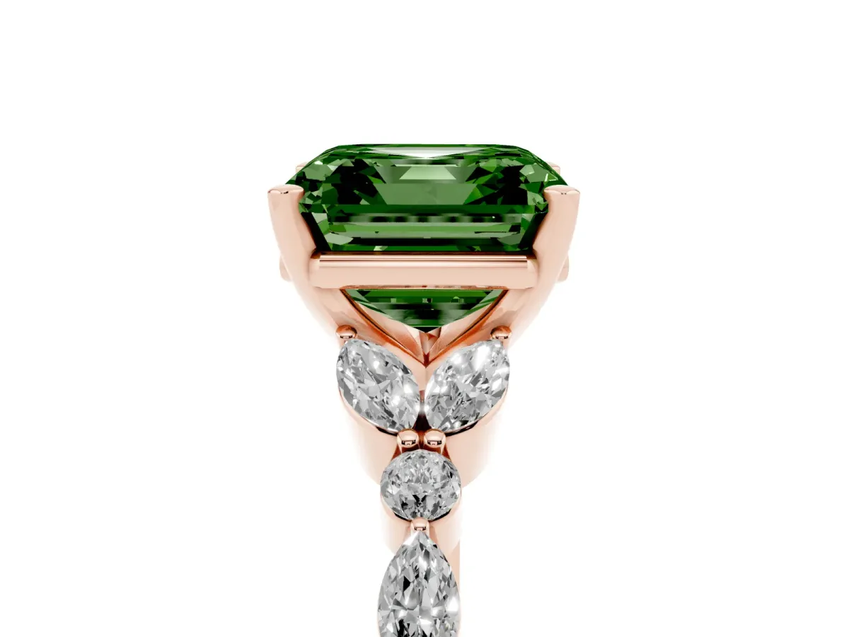 Fancy Green Asscher Cut Diamond Solitaire Ring with Side Stones and Four-Prong Setting Rose gold