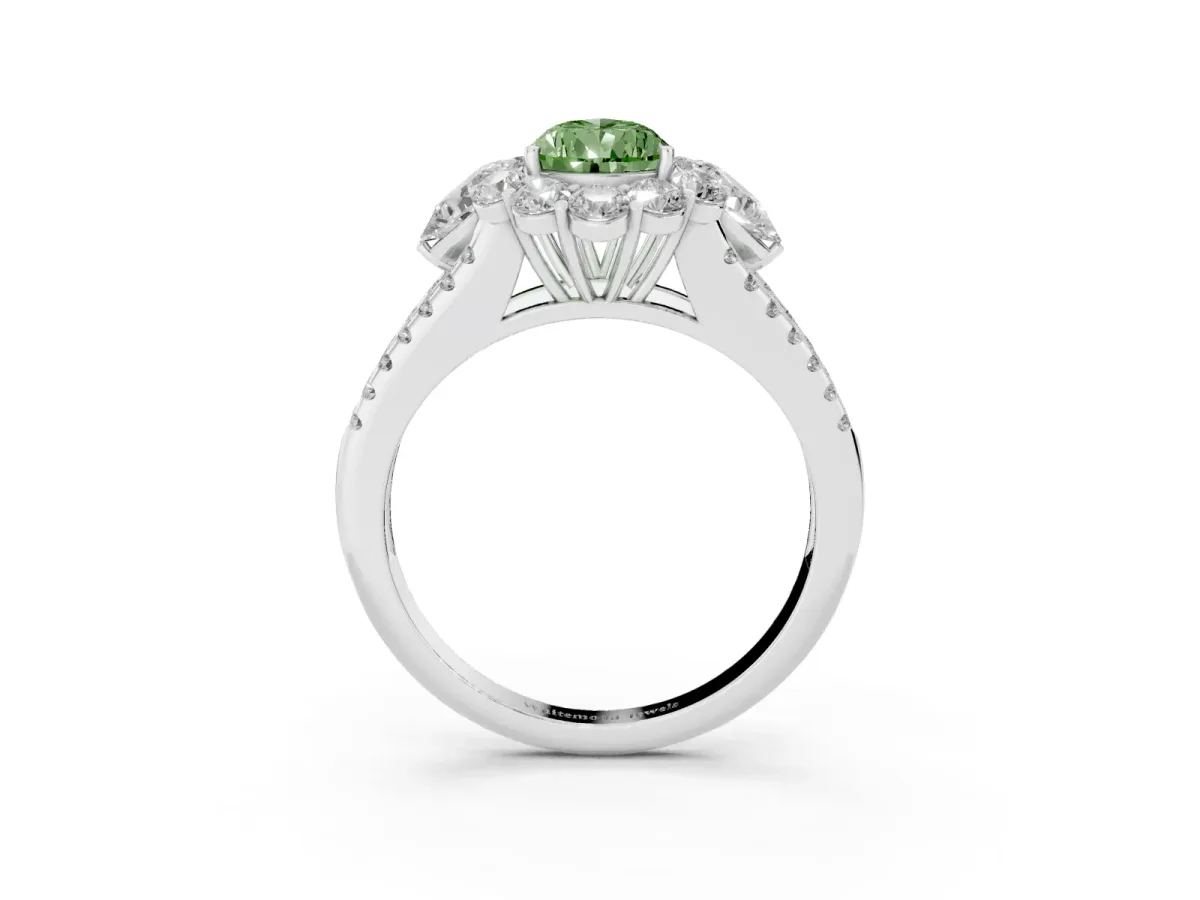Fancy Green Pear Cut Halo Split Shank Diamond Engagement Ring with Prong Setting Platinum