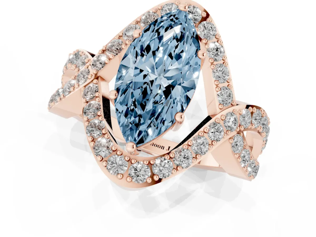 Fancy Blue Marquise Cut Solitaire Twist Band Pavé Diamond Engagement Ring Rose gold