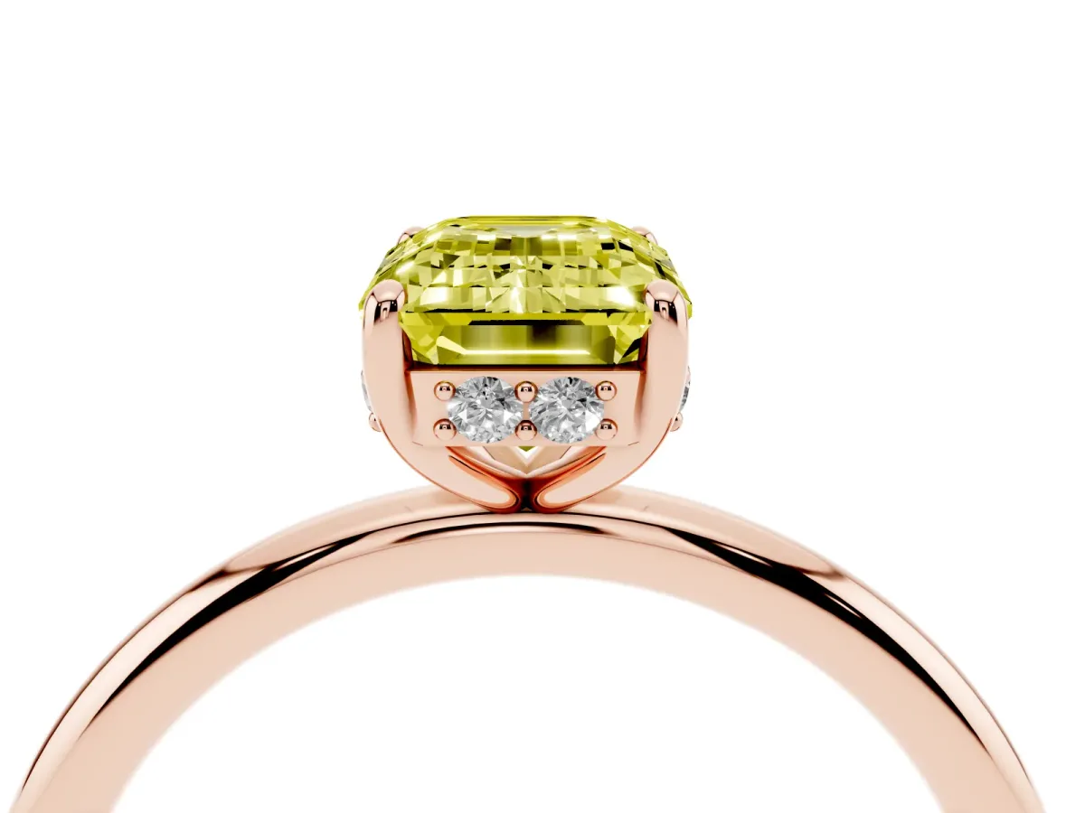 Fancy Yellow Emerald Cut Solitaire Diamond Ring with a Classic Band and Four-Prong Setting Rose gold