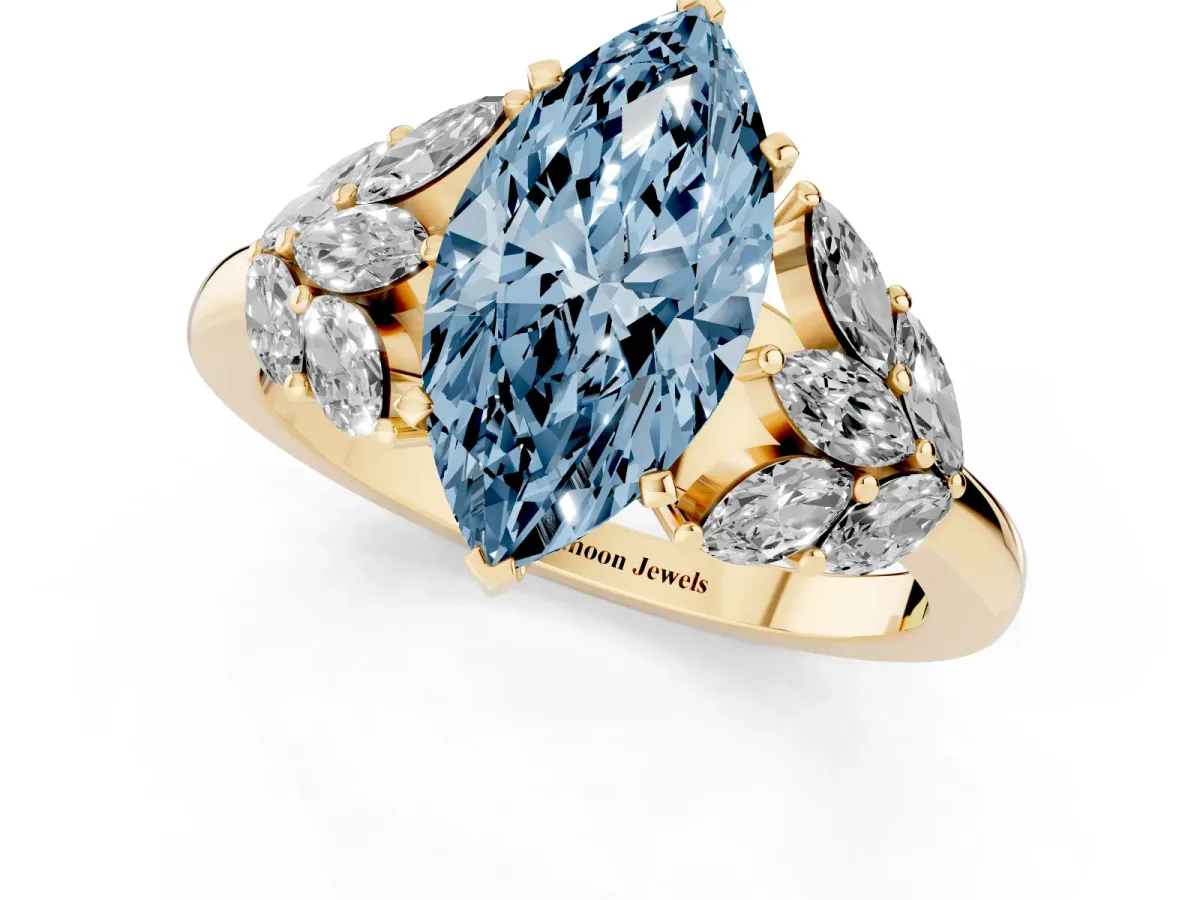 Fancy Blue Marquise Cut Diamond Cluster Leaf Design Ring with Prong Setting Yellow gold