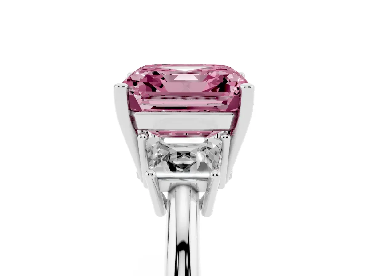 Fancy Pink Asscher Cut Diamond Three-Stone Ring with Trapezoid Side Stones and Prong Setting Silver