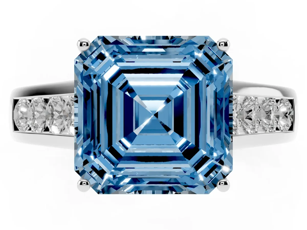 Fancy Blue Asscher Cut Solitaire Channel-Set Diamond Engagement Ring with Four-Prong Setting Platinum