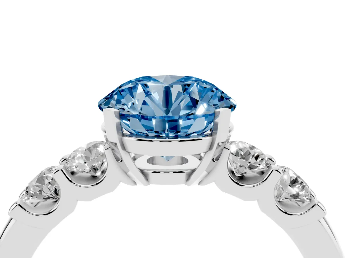 Fancy Blue Round Cut Brilliant Cut Diamond Five-Stone Prong Set Engagement Ring with Channel Band Silver