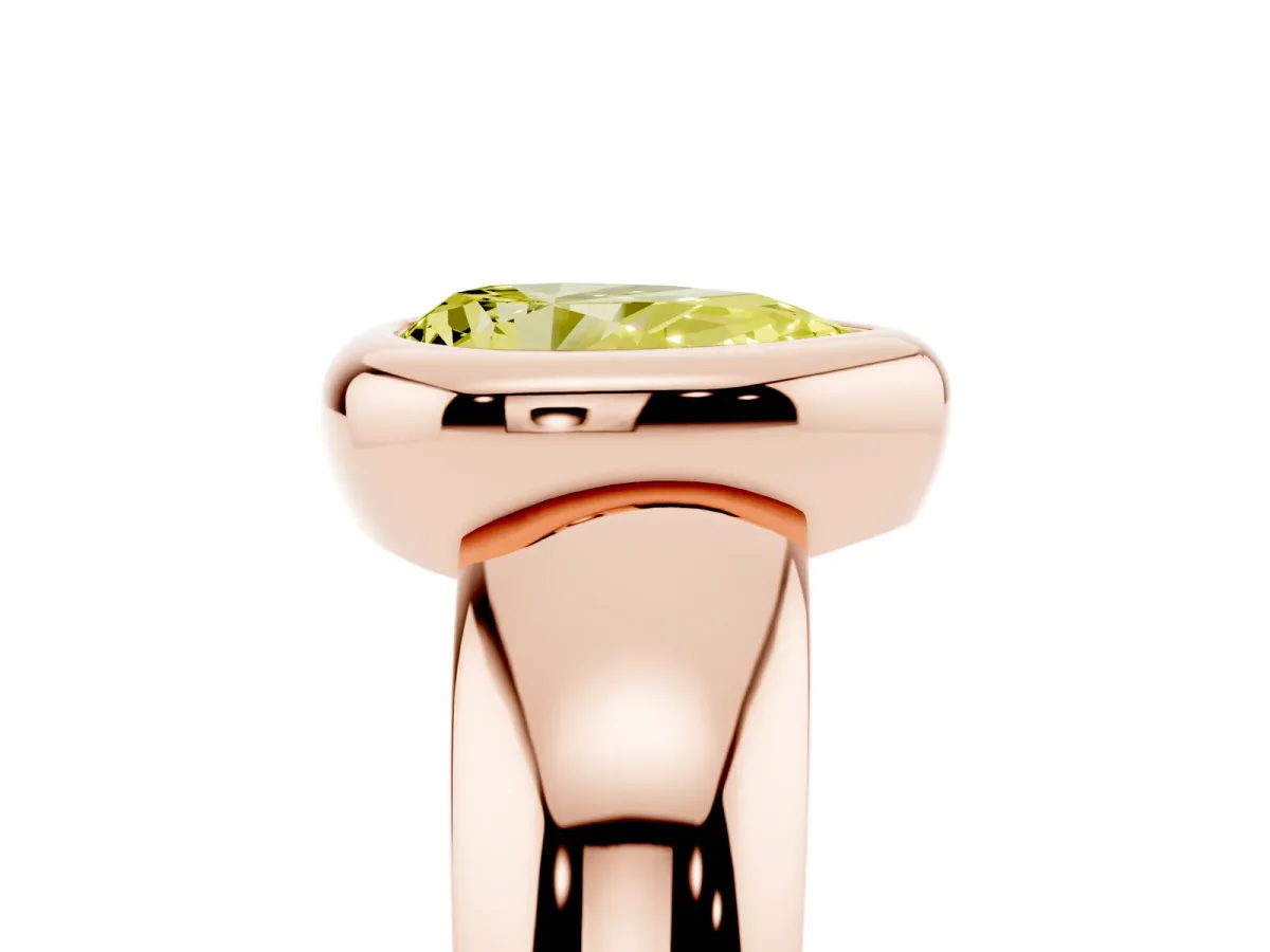 Fancy Yellow Bezel Set Pear Cut Solitaire Ring with Wide Band Rose gold