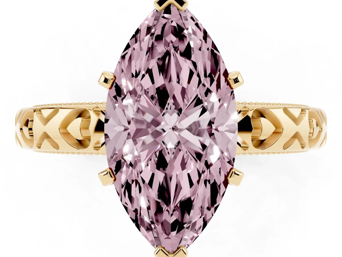 Fancy Pink Marquise Cut Solitaire Diamond Engagement Ring with XO Engraved Band and Four-Prong Setting Yellow gold