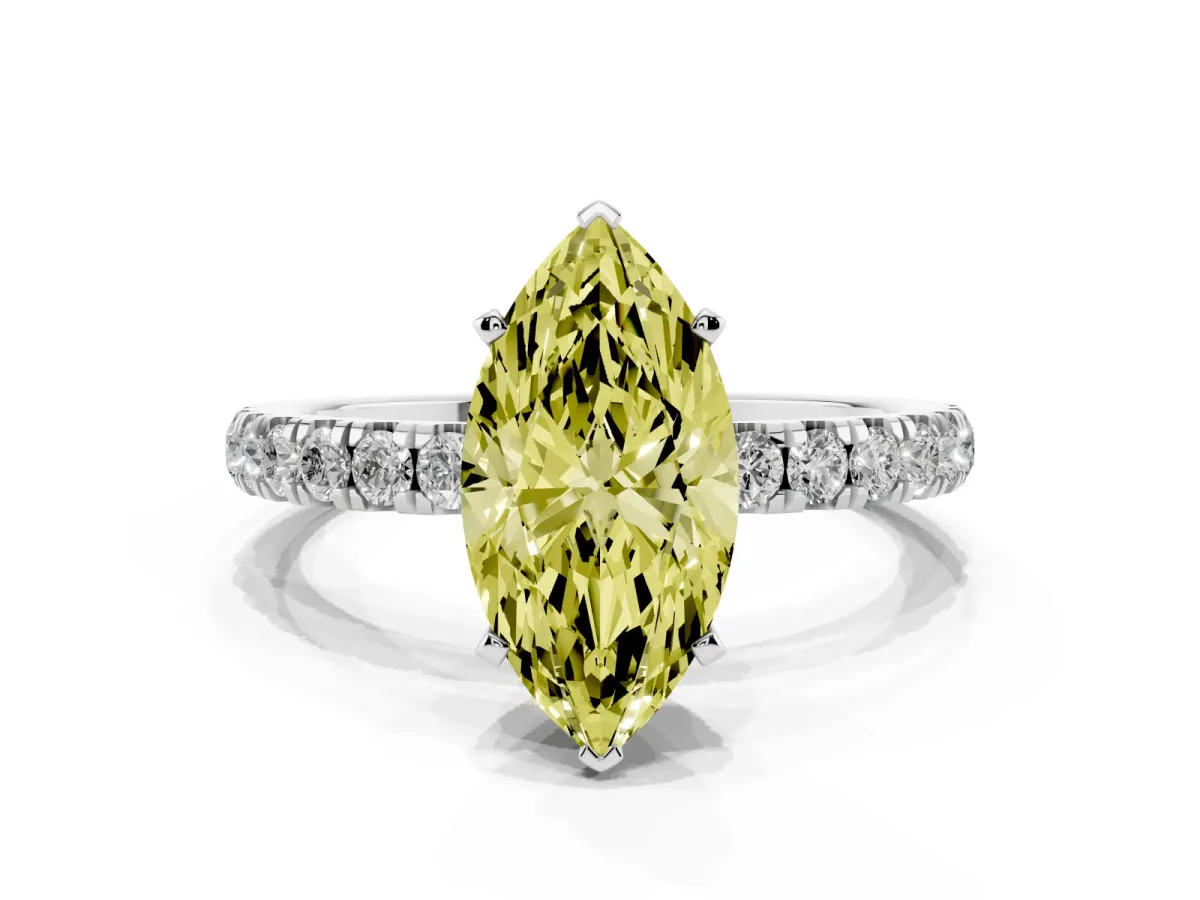 Fancy Yellow Marquise Cut Diamond Solitaire Ring with Pavé Accents and Four-Prong Setting Silver