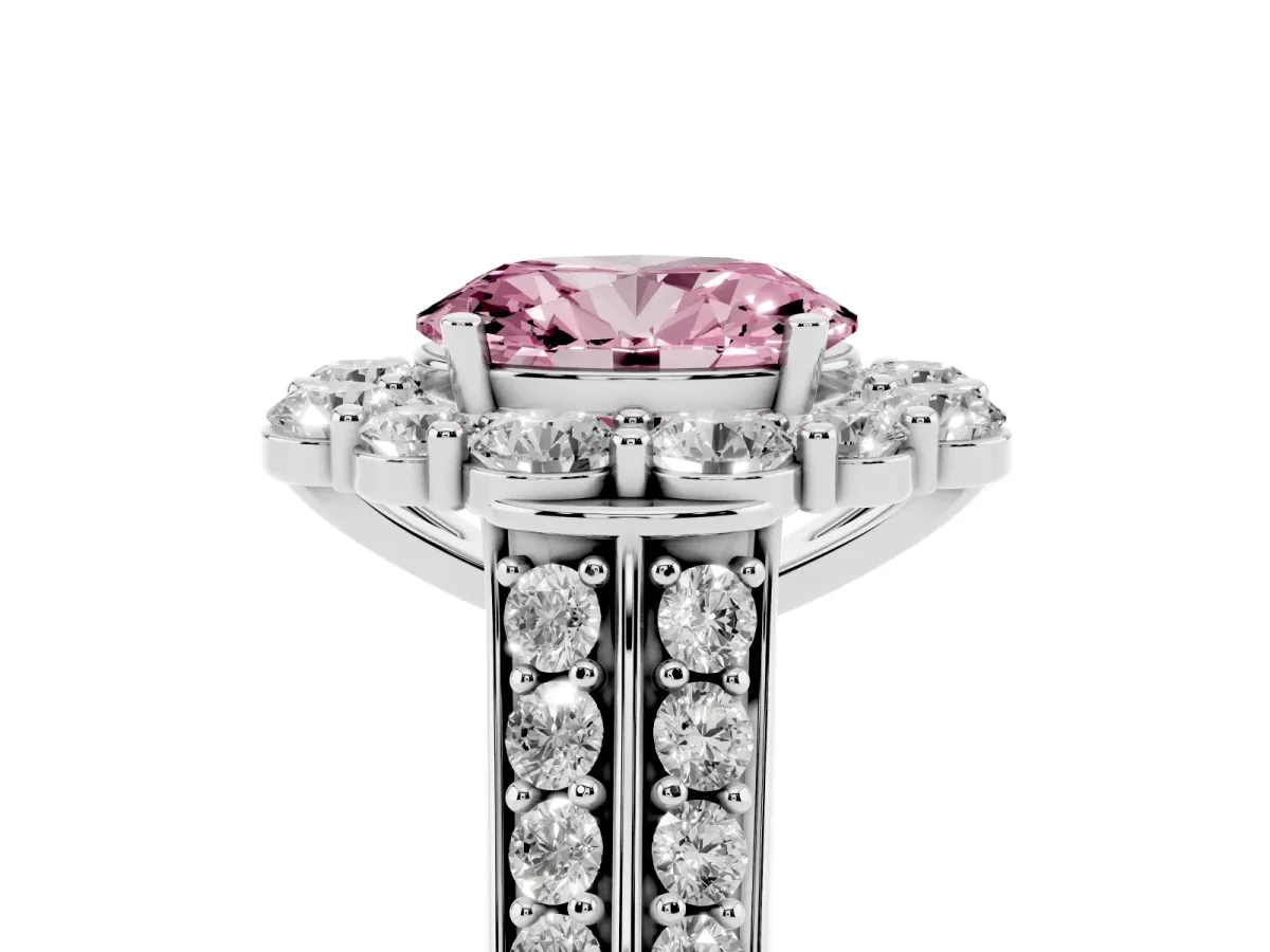 Fancy Pink Oval Cut Halo Diamond Engagement Ring with Split Shank and Prong Setting Silver