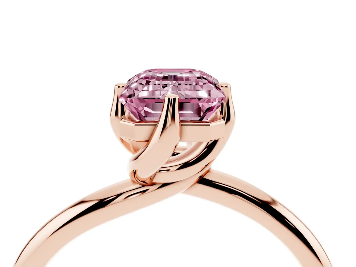 Fancy Pink Emerald Cut Diamond Solitaire Engagement Ring with Four-Prong Setting and Classic Band Rose gold