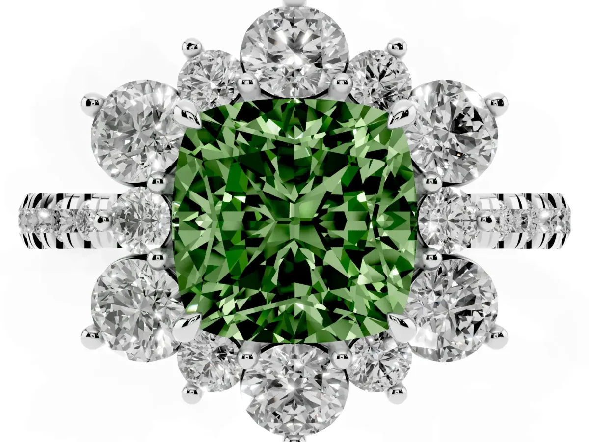 Fancy Green Cushion Cut Diamond Floral Halo Ring with Round Pavé Band and Prong Setting Silver