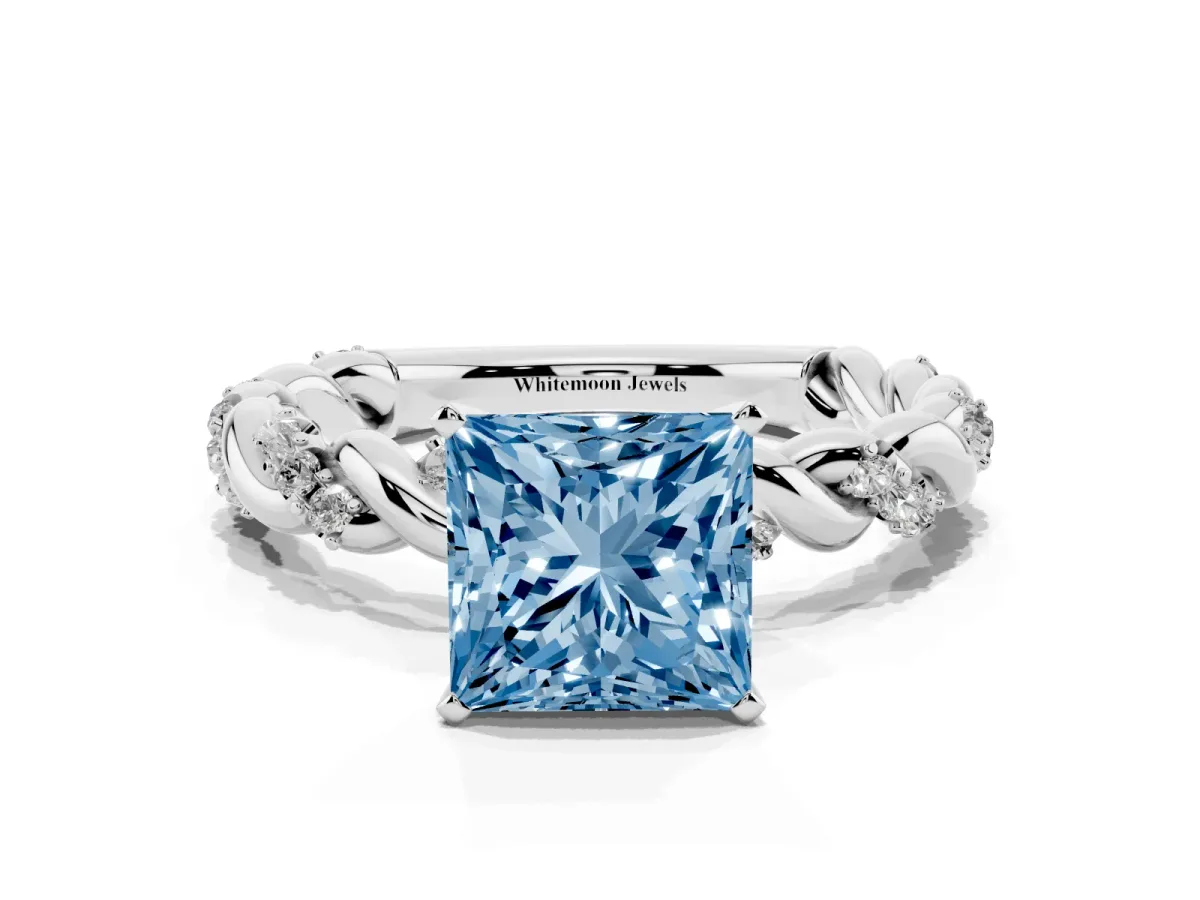 Fancy Blue Princess Cut Diamond Solitaire Ring with Twisted Band and Pavé Accents Silver