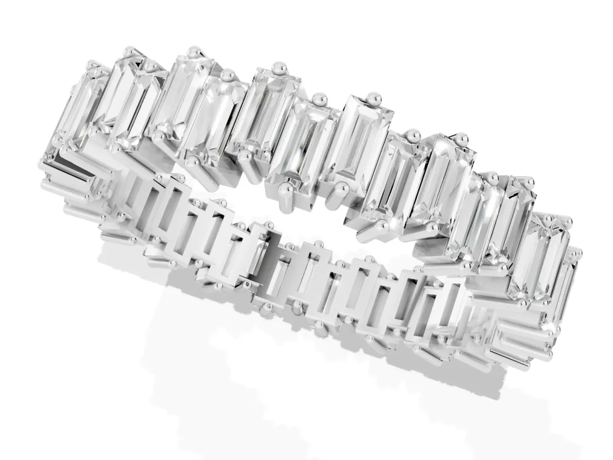 Baguette Diamond Full Eternity Ring with Prong Setting Silver